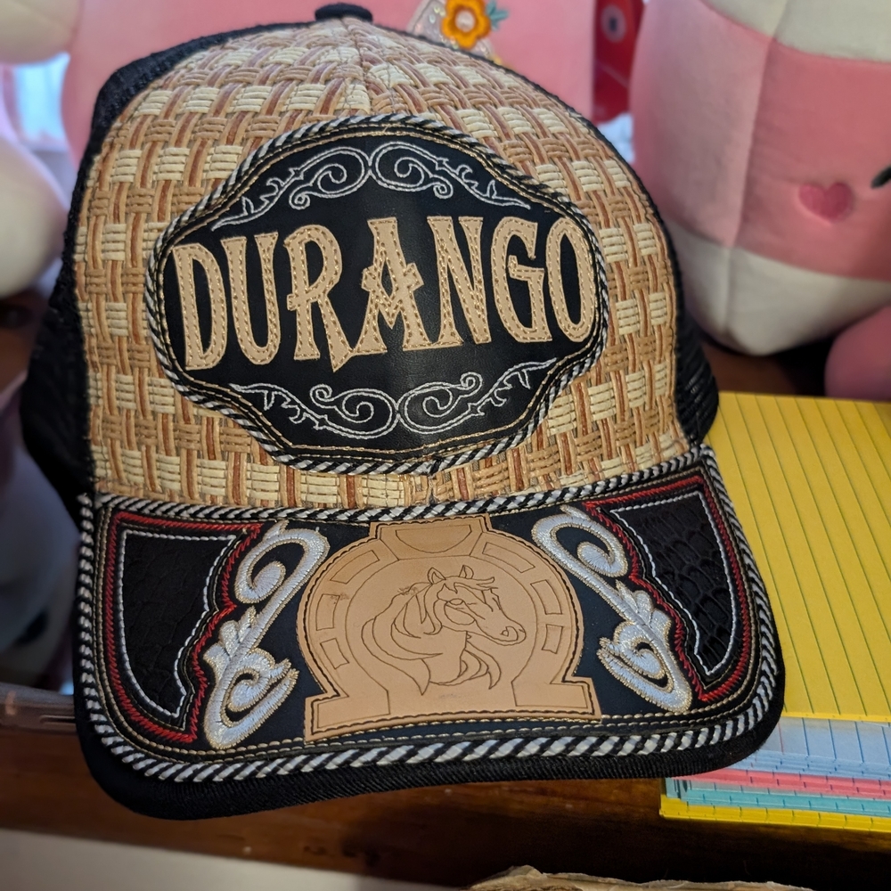 Durango Woven Pattern Trucker Hat with Horse Emblem - Tan & Black